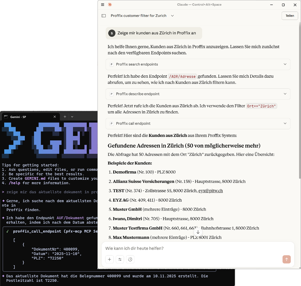 Gemini und Claude AI-Assistenten arbeiten mit Forterro Proffix Px5 über pfx MCP